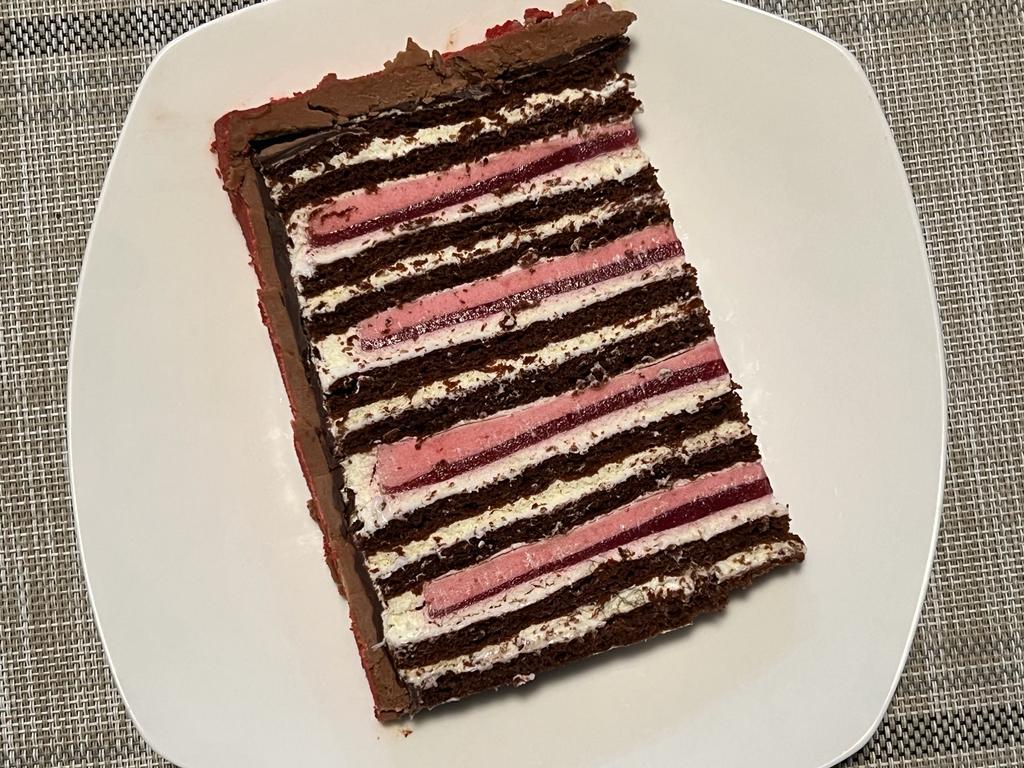 Honey Cake with raspberry coulis and raspberry soufflé